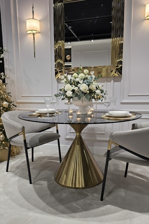 STÓŁ JADALNIANY Verona na podstawie w kształcie klepsydry w kolorze szczotkowanego złota, czarny blat, nowoczesny styl