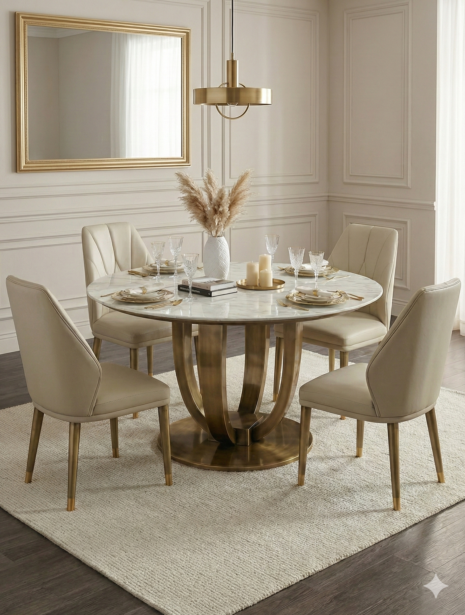 STÓŁ JADALNIANY okrągły, unikalna podstawa w kolorze szczotkowanego brązu, biały blat z konglomeratu marmurowego, nowoczesny glamour STÓŁ JADALNIANY okrągły, unikalna podstawa w kolorze szczotkowanego brązu, biały blat z konglomeratu marmurowego, nowoczesny glamour