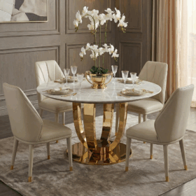 STÓŁ JADALNIANY okrągły. na złotej, eleganckiej podstawie, biały blat z konglomeratu marmurowego, nowoczesny glamour