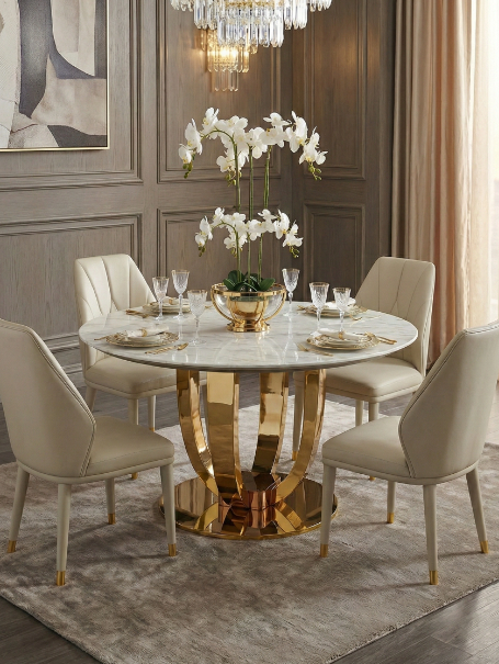 STÓŁ JADALNIANY okrągły. na złotej, eleganckiej podstawie, biały blat z konglomeratu marmurowego, nowoczesny glamour