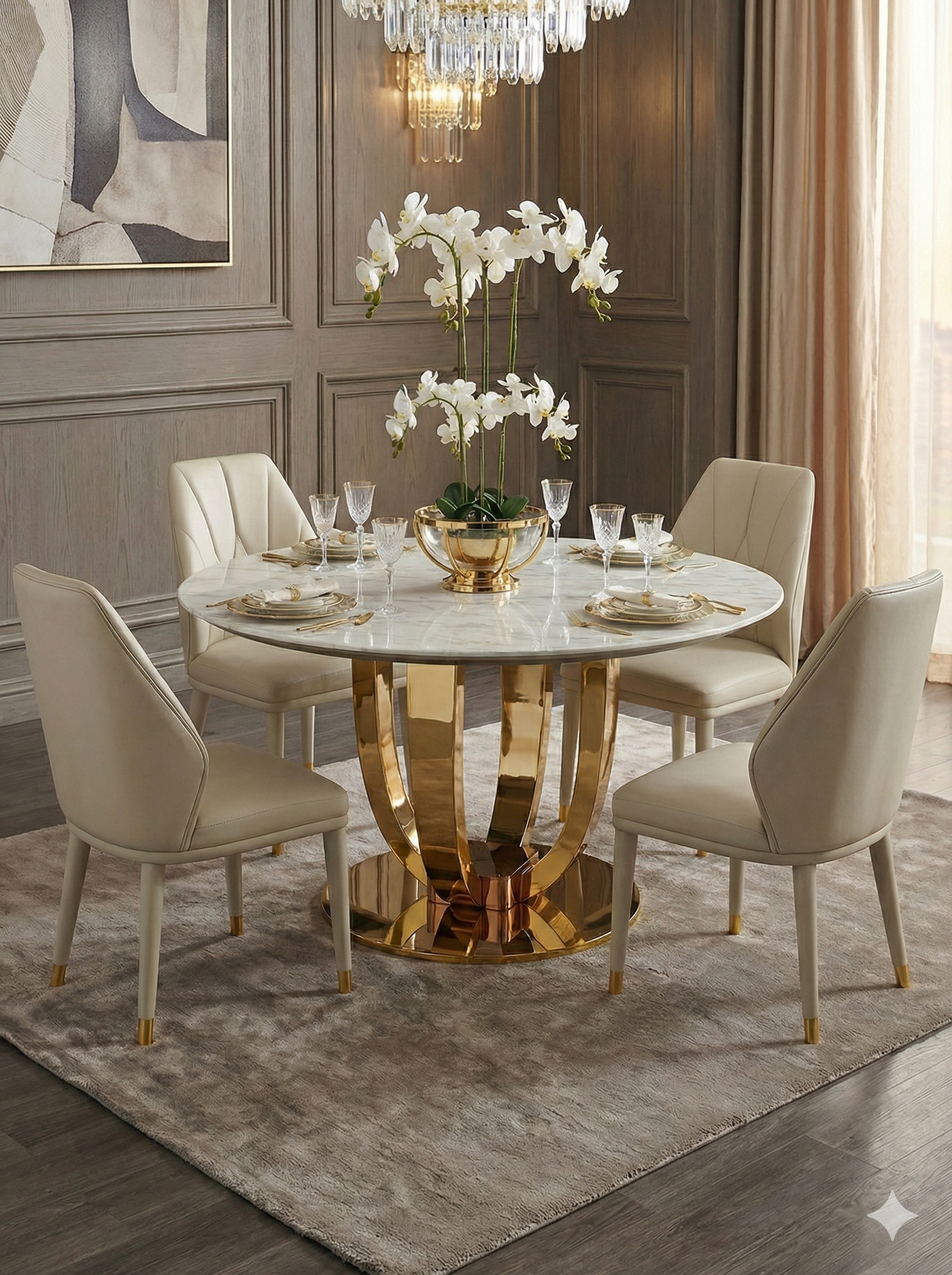 STÓŁ JADALNIANY okrągły. na złotej, eleganckiej podstawie, biały blat z konglomeratu marmurowego, nowoczesny glamour STÓŁ JADALNIANY okrągły. na złotej, eleganckiej podstawie, biały blat z konglomeratu marmurowego, nowoczesny glamour