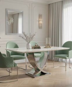 STÓŁ JADALNIANY prostokątny na srebrnej, metalowej podstawie w kształcie X, blat z konglomeratu marmurowego