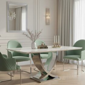 STÓŁ JADALNIANY prostokątny na srebrnej, metalowej podstawie w kształcie X, blat z konglomeratu marmurowego