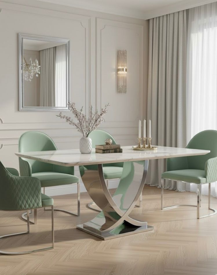 STÓŁ JADALNIANY prostokątny na srebrnej, metalowej podstawie w kształcie X, blat z konglomeratu marmurowego STÓŁ JADALNIANY prostokątny na srebrnej, metalowej podstawie w kształcie X, blat z konglomeratu marmurowego