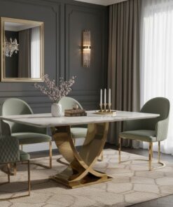 STÓŁ JADALNIANY prostokątny na złotej, metalowej podstawie w kształcie X, blat z konglomeratu marmurowego