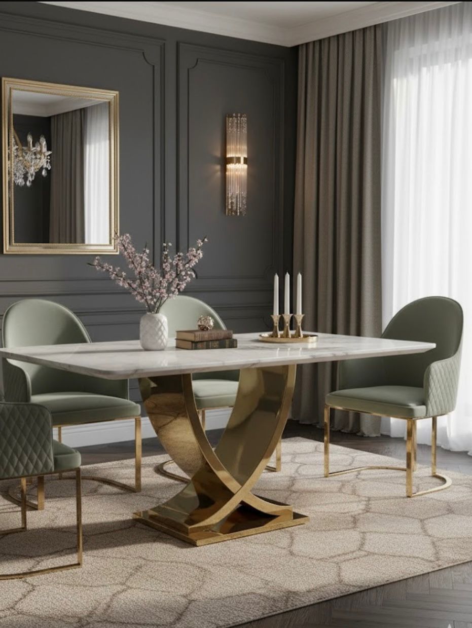 STÓŁ JADALNIANY prostokątny na złotej, metalowej podstawie w kształcie X, blat z konglomeratu marmurowego STÓŁ JADALNIANY prostokątny na złotej, metalowej podstawie w kształcie X, blat z konglomeratu marmurowego