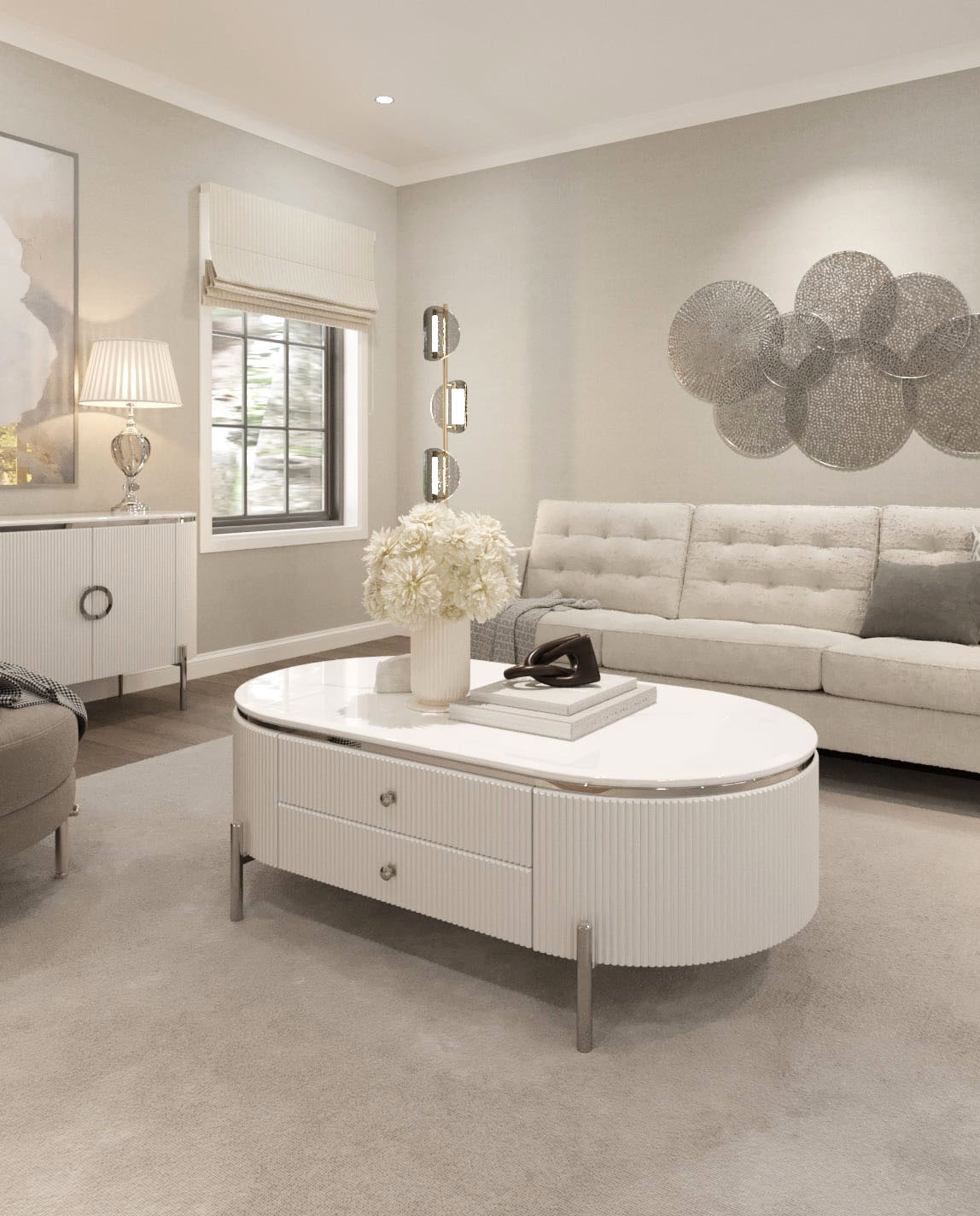 STOLIK KAWOWY Anne z ryflowanym białym korpusem, srebrne metalowe dodatki, blat z konglomeratu