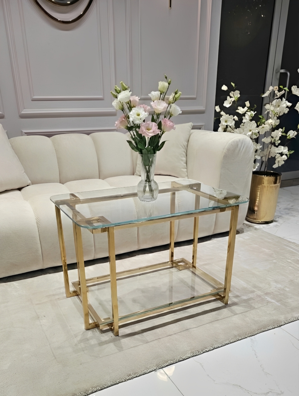 STOLIK KAWOWY Elisse prostokątny, stelaż ze stali nierdzewnej, szklany blat, nowoczesny styl glamour - 80 x 50 cm