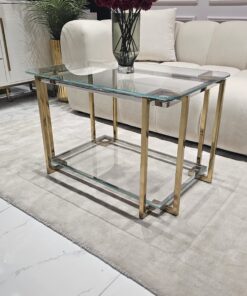 STOLIK KAWOWY Elisse prostokątny, stelaż ze stali nierdzewnej, szklany blat, nowoczesny styl glamour - 80 x 50 cm