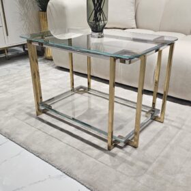 STOLIK KAWOWY Elisse prostokątny, stelaż ze stali nierdzewnej, szklany blat, nowoczesny styl glamour - 80 x 50 cm