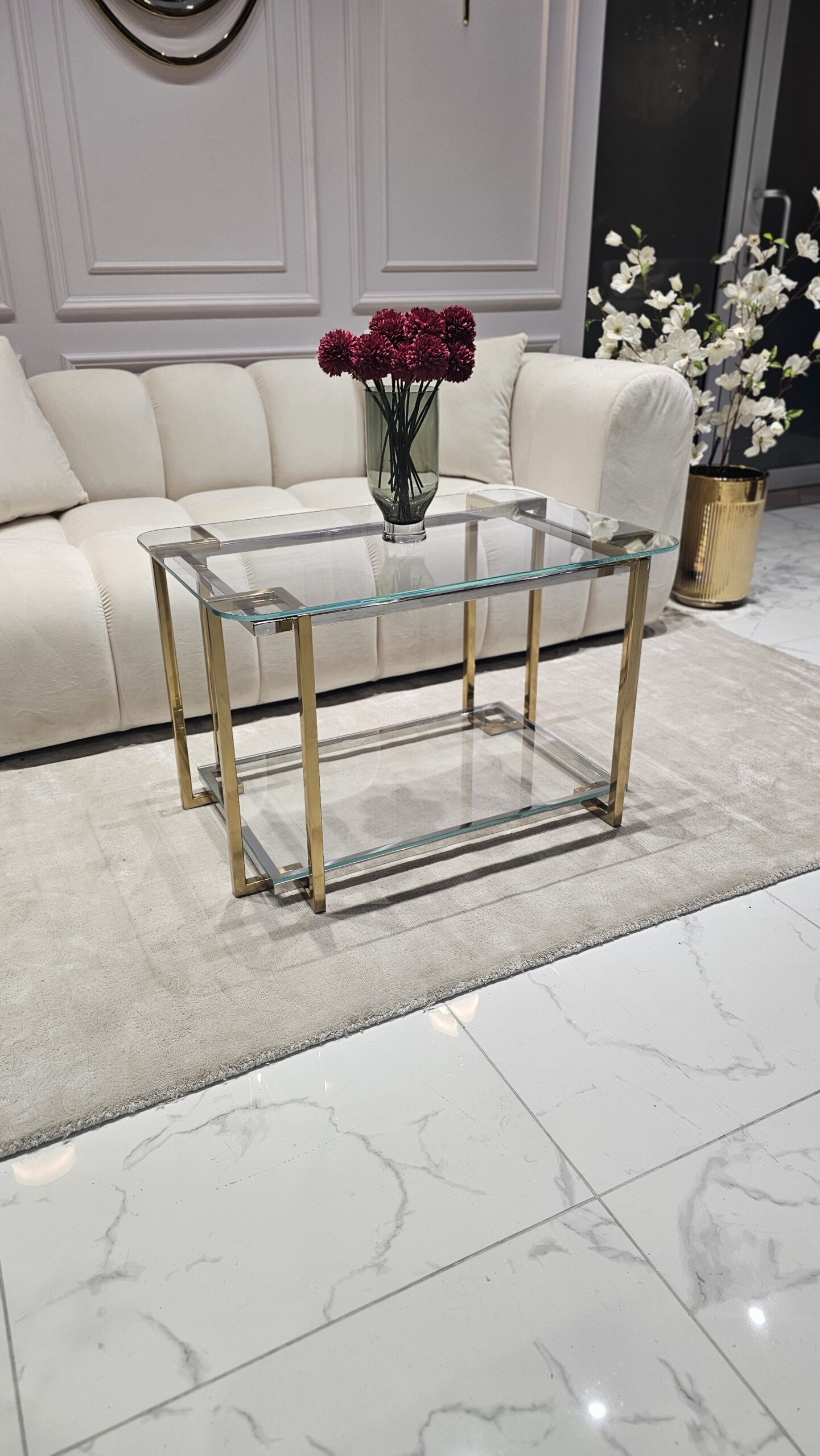 STOLIK KAWOWY Elisse prostokątny, stelaż ze stali nierdzewnej, szklany blat, nowoczesny styl glamour - 80 x 50 cm, ekskluzywny