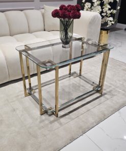 STOLIK KAWOWY Elisse prostokątny, stelaż ze stali nierdzewnej, szklany blat, nowoczesny styl glamour - 80 x 50 cm, piękny