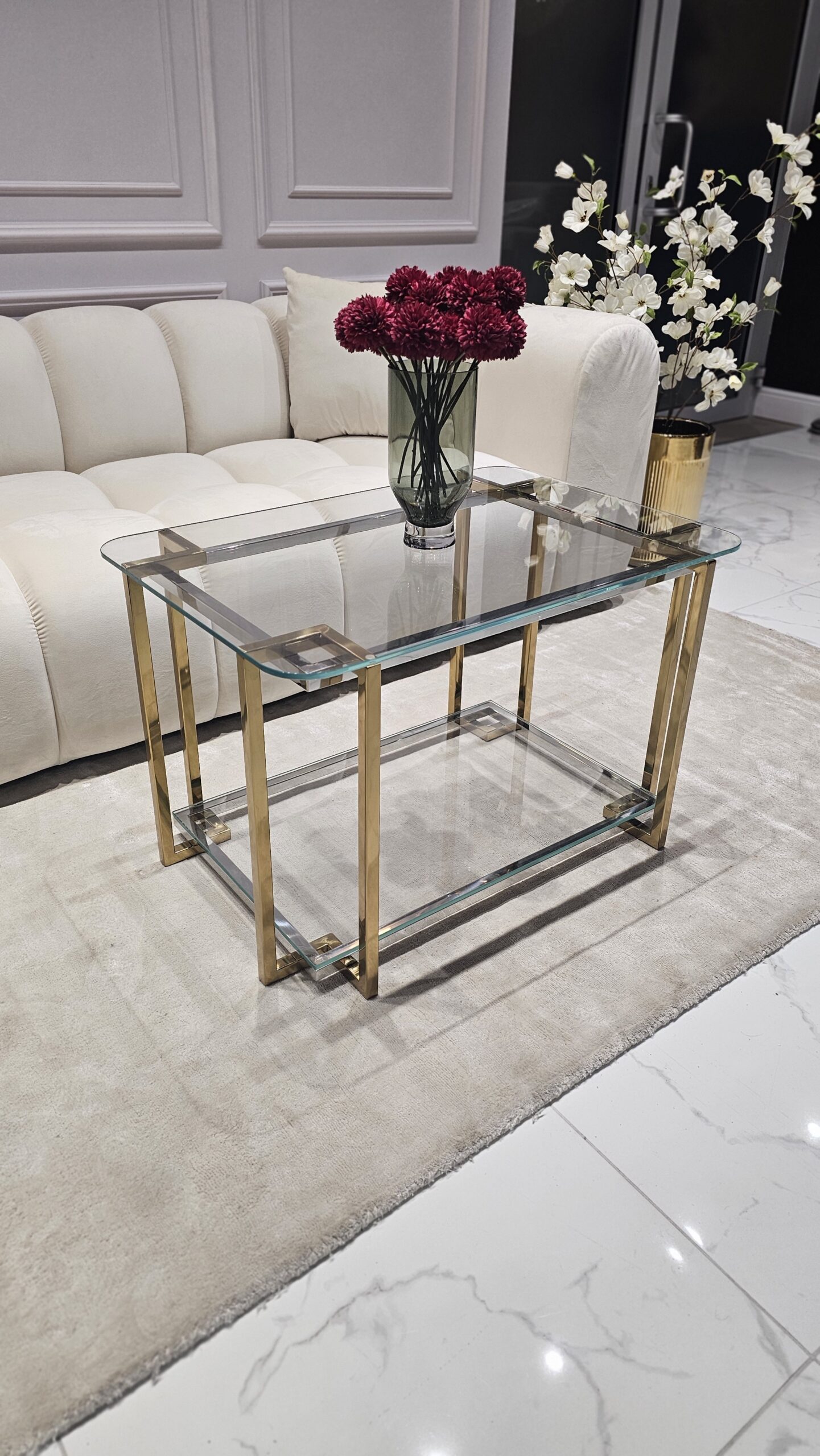 STOLIK KAWOWY Elisse prostokątny, stelaż ze stali nierdzewnej, szklany blat, nowoczesny styl glamour - 80 x 50 cm, piękny