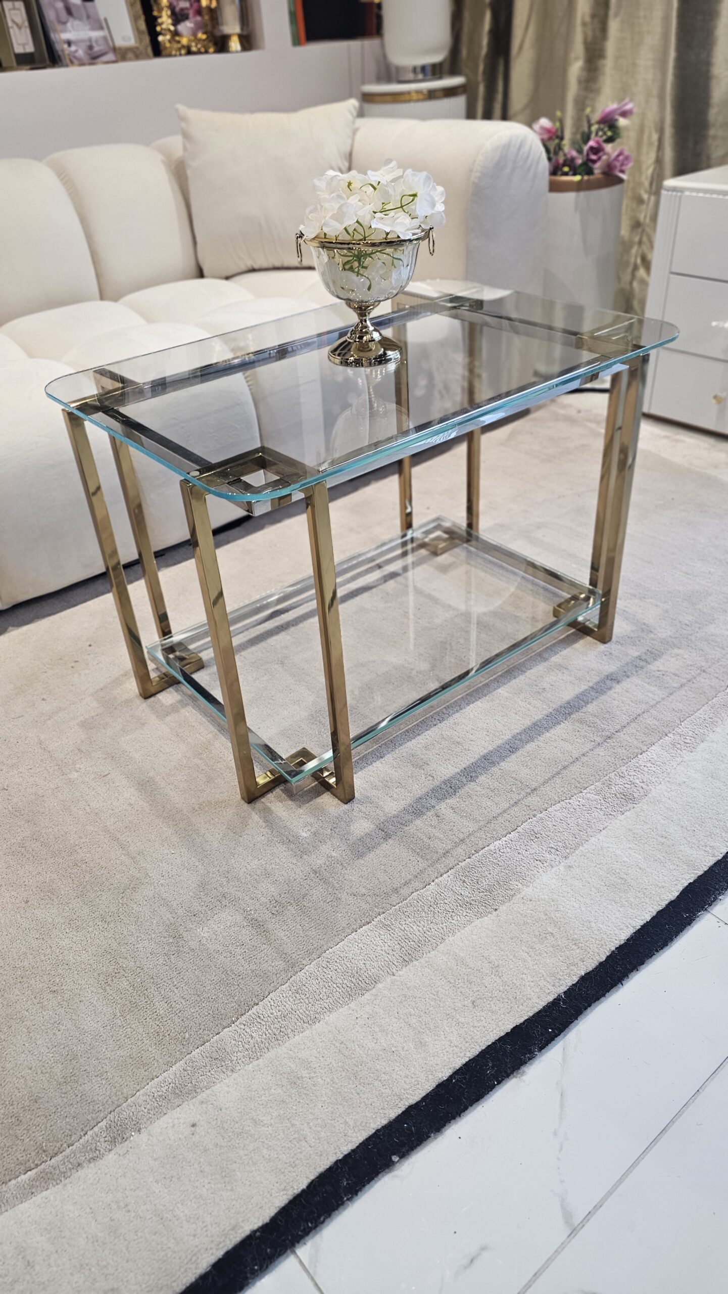 STOLIK KAWOWY Elisse prostokątny, stelaż ze stali nierdzewnej, szklany blat, nowoczesny styl glamour - 80 x 50 cm, premium