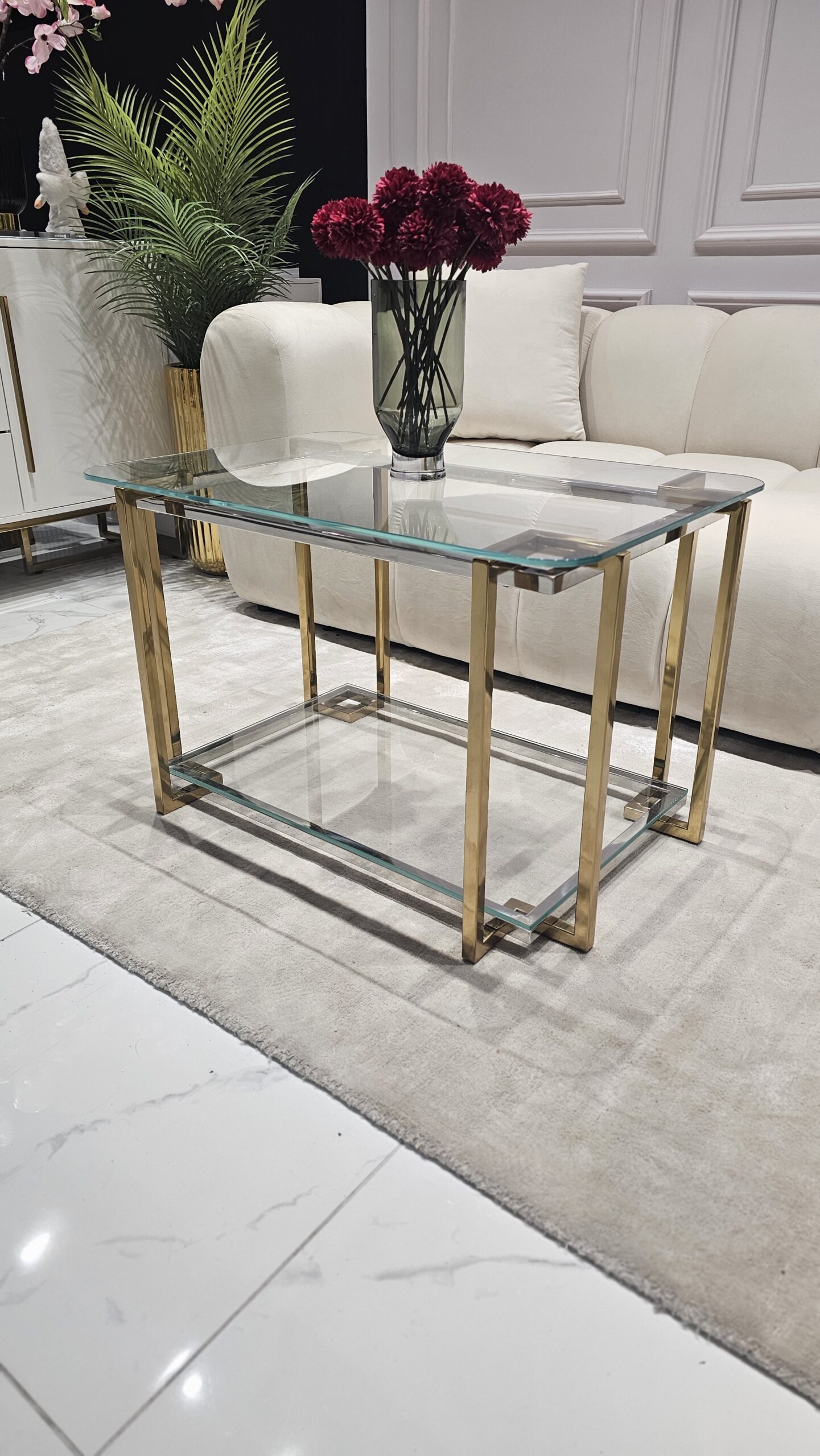 STOLIK KAWOWY Elisse prostokątny, stelaż ze stali nierdzewnej, szklany blat, nowoczesny styl glamour - 80 x 50 cm