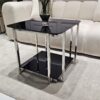 STOLIK KAWOWY Elisse srebrny stelaż ze stali nierdzewnej, szklany blat styl glamour - mały, czarny blat