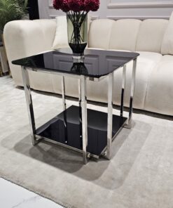 STOLIK KAWOWY Elisse srebrny stelaż ze stali nierdzewnej, szklany blat styl glamour - mały, czarny blat