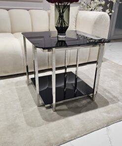 STOLIK KAWOWY Elisse srebrny stelaż ze stali nierdzewnej, szklany blat styl glamour - mały, czarny blat, ekskluzywny