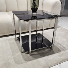 STOLIK KAWOWY Elisse srebrny stelaż ze stali nierdzewnej, szklany blat styl glamour - mały, czarny blat, ekskluzywny