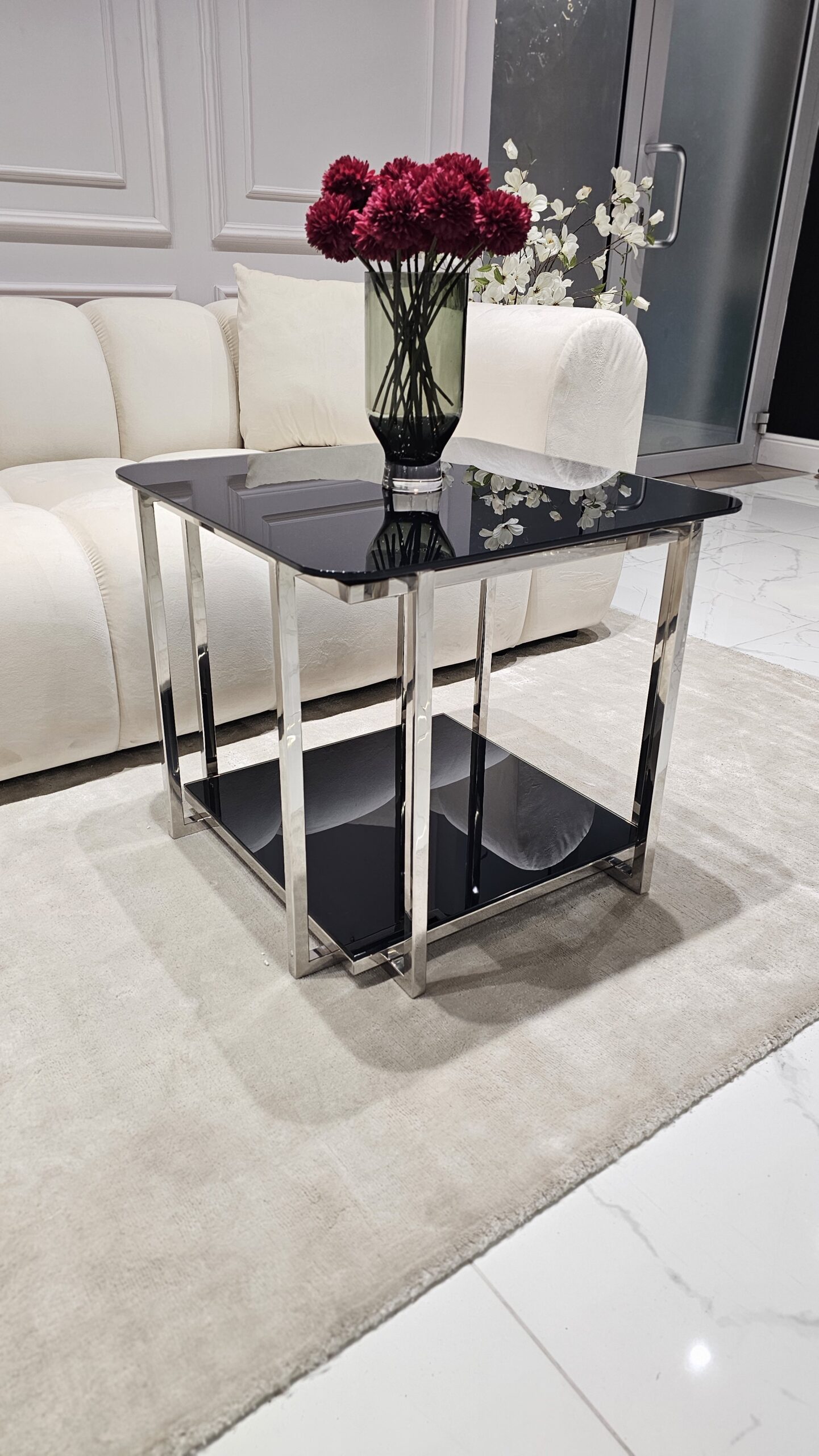 STOLIK KAWOWY Elisse srebrny stelaż ze stali nierdzewnej, szklany blat styl glamour - mały, czarny blat, piękny