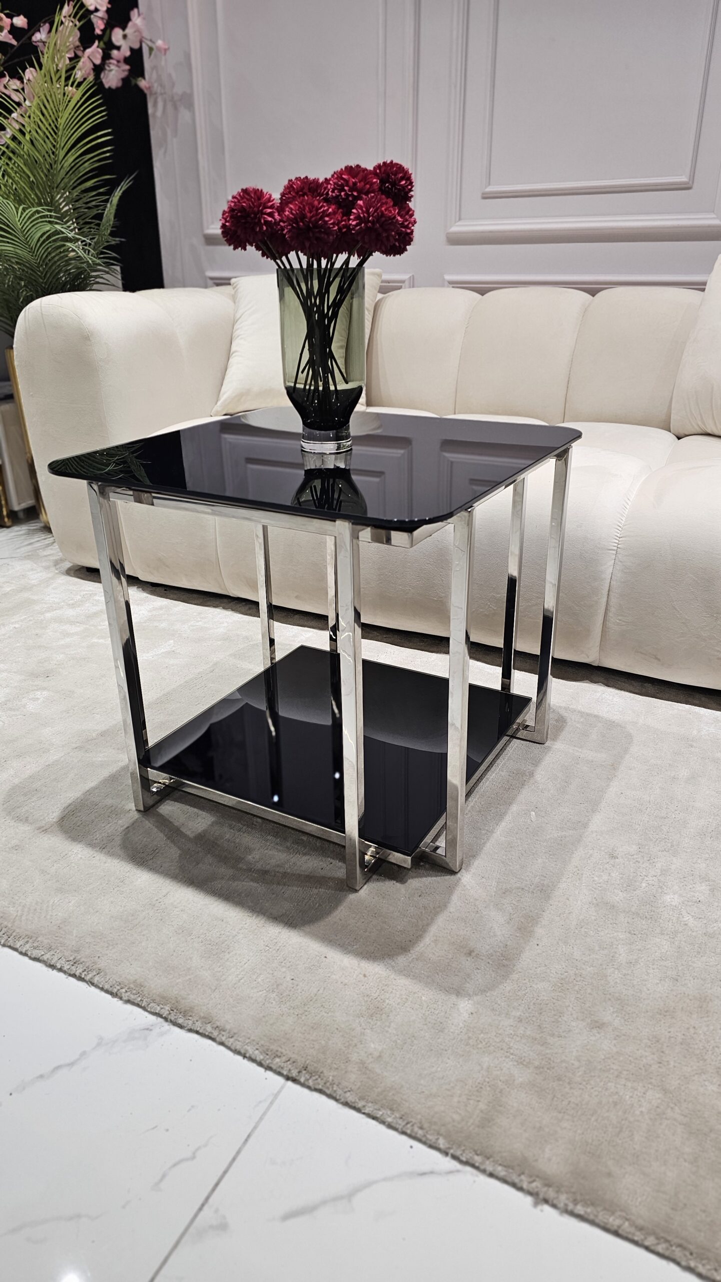 STOLIK KAWOWY Elisse srebrny stelaż ze stali nierdzewnej, szklany blat styl glamour - mały, czarny blat