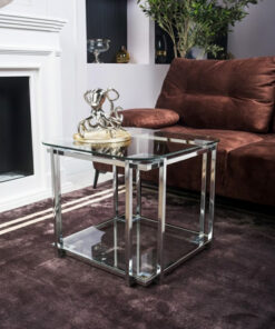 STOLIK KAWOWY Elisse srebrny stelaż ze stali nierdzewnej, szklany blat styl glamour – mały, srebrny, transparentna szyba