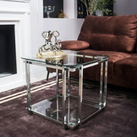 STOLIK KAWOWY Elisse srebrny stelaż ze stali nierdzewnej, szklany blat styl glamour – mały, srebrny, transparentna szyba