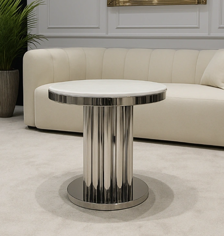 STOLIK KAWOWY Riviera, mały, srebrna, designerska podstawa, biały blat z konglomeratu, nowoczesny styl STOLIK KAWOWY Riviera, mały, srebrna, designerska podstawa, biały blat z konglomeratu, nowoczesny styl