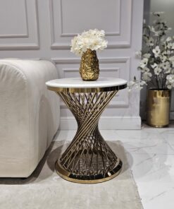 STOLIK POMOCNICZY Emporio okrągły, na złotej, zakręconej podstawie, biały blat z konglomeratu marmurowego, designerski styl