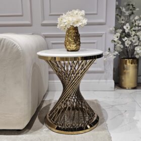 STOLIK POMOCNICZY Emporio okrągły, na złotej, zakręconej podstawie, biały blat z konglomeratu marmurowego, designerski styl
