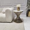 STOLIK POMOCNICZY Emporio okrągły, na złotej, zakręconej podstawie, biały blat z konglomeratu marmurowego, designerski styl, piękny