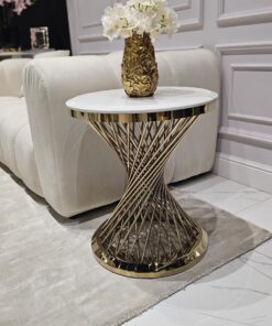 STOLIK POMOCNICZY Emporio okrągły, na złotej, zakręconej podstawie, biały blat z konglomeratu marmurowego, designerski styl, premium