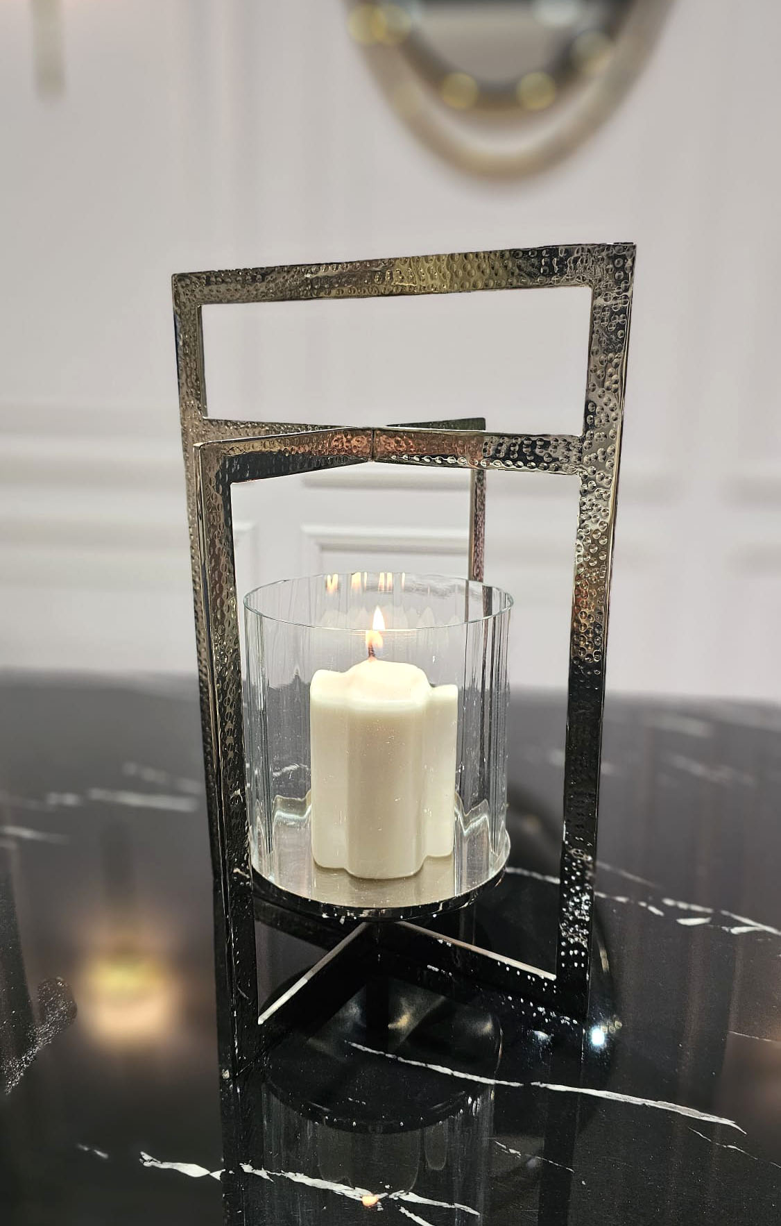 ŚWIECZNIK, srebrny, transparentny, geometryczna forma, klasyczny styl, piękny