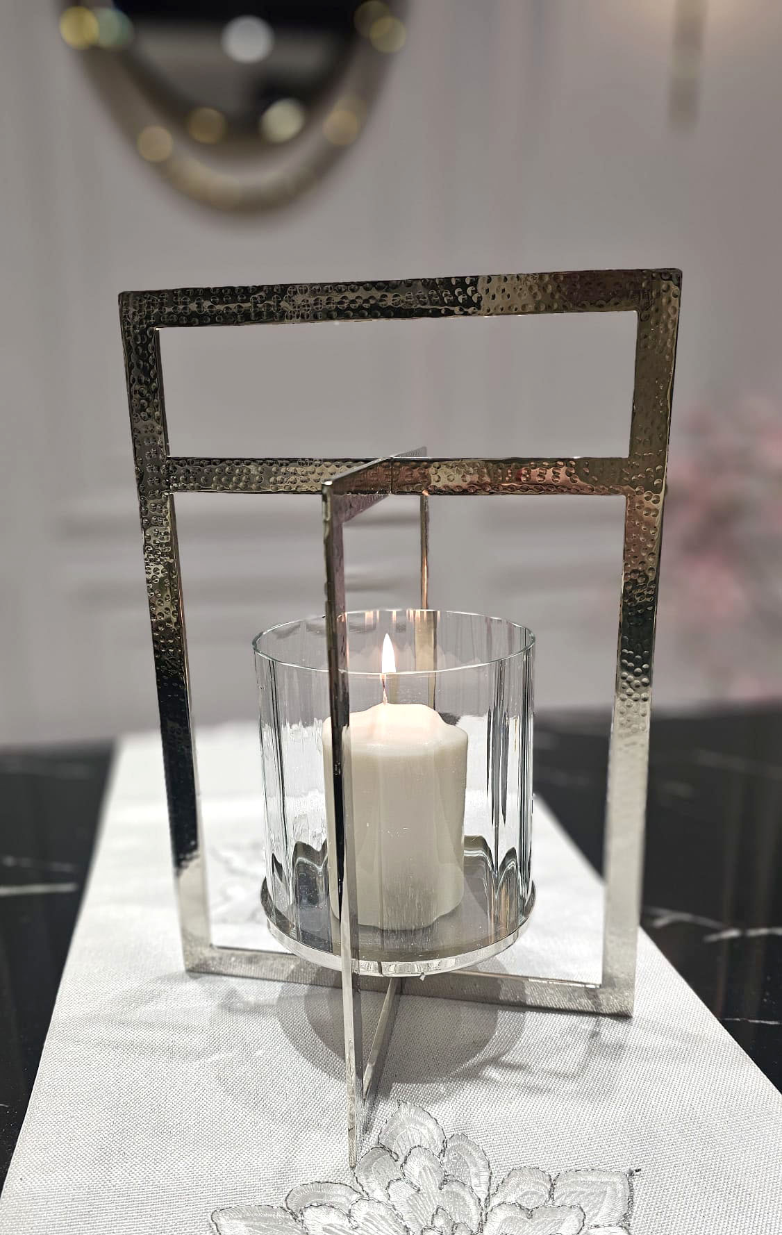 ŚWIECZNIK, srebrny, transparentny, geometryczna forma, klasyczny styl