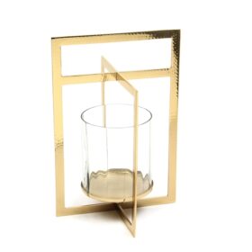 ŚWIECZNIK, złoty, transparentny, geometryczna forma, nowoczesny design, mały