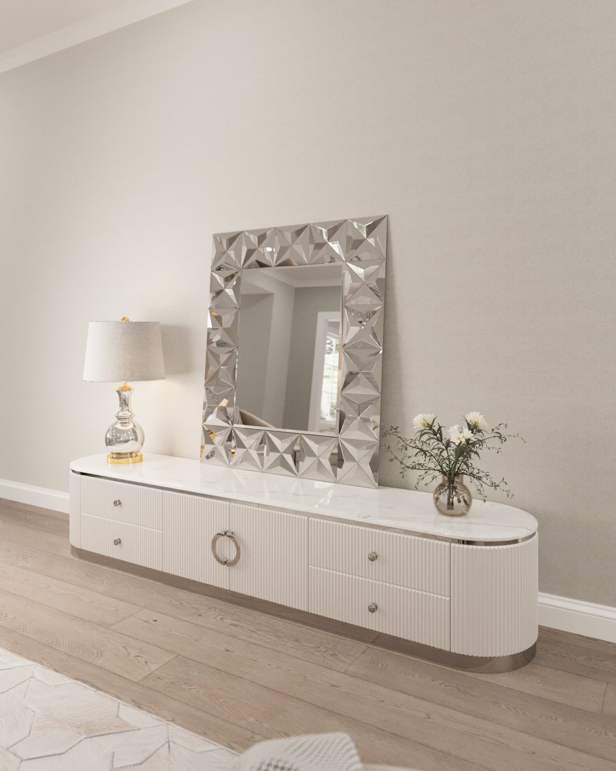 SZAFKA RTV Anne biała, ryflowana, srebrne metalowe dodatki, biały blat z konglomeratu marmurowego, styl glamour