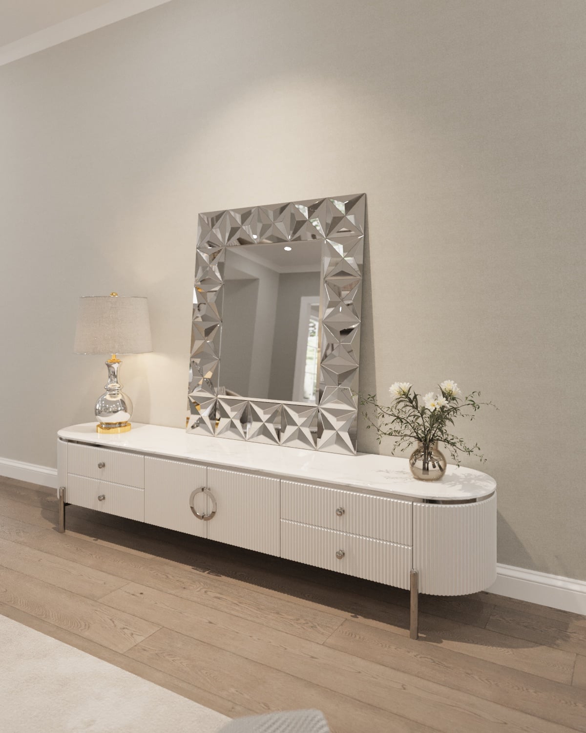 SZAFKA RTV Anne, ryflowana, biała, blat z konglomeratu marmurowego, srebrne metalowe detale