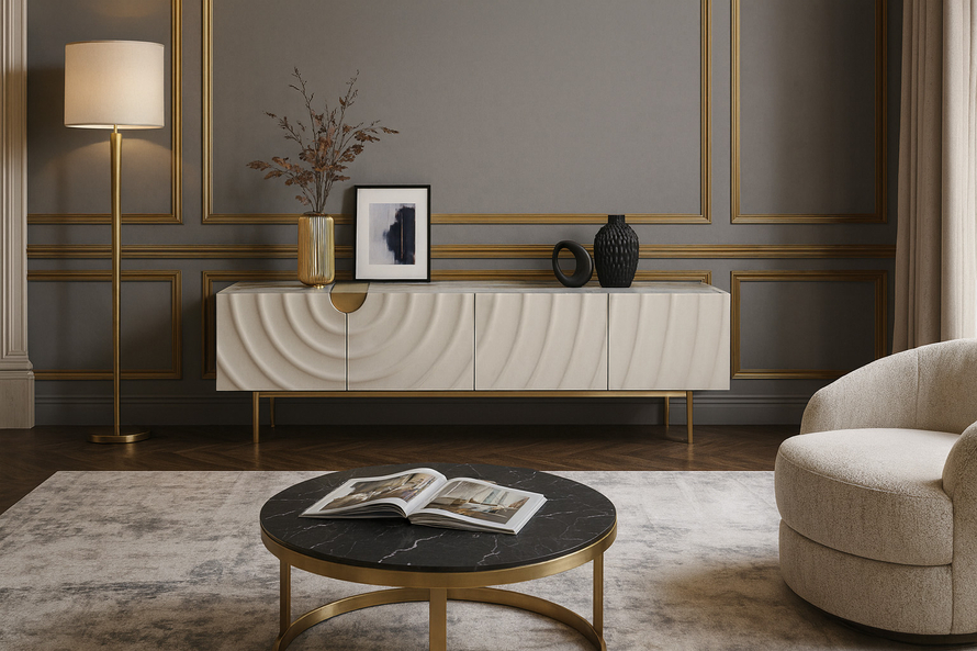 SZAFKA RTV w kolorze ecru ze złotymi detalami i nogami, fronty drzwi z wytłoczonymi kręgami, cztery szuflady, nowoczesny styl, do salonu SZAFKA RTV w kolorze ecru ze złotymi detalami i nogami, fronty drzwi z wytłoczonymi kręgami, cztery szuflady, nowoczesny styl, do salonu