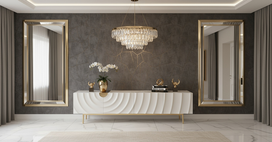 SZAFKA RTV w kolorze ecru ze złotymi detalami i nogami, fronty drzwi z wytłoczonymi kręgami, cztery szuflady, nowoczesny styl, do sypialni SZAFKA RTV w kolorze ecru ze złotymi detalami i nogami, fronty drzwi z wytłoczonymi kręgami, cztery szuflady, nowoczesny styl, do sypialni