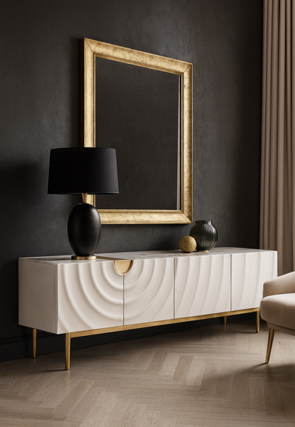 SZAFKA RTV w kolorze ecru ze złotymi detalami i nogami, fronty drzwi z wytłoczonymi kręgami, cztery szuflady, nowoczesny styl, ekskluzywna SZAFKA RTV w kolorze ecru ze złotymi detalami i nogami, fronty drzwi z wytłoczonymi kręgami, cztery szuflady, nowoczesny styl, ekskluzywna