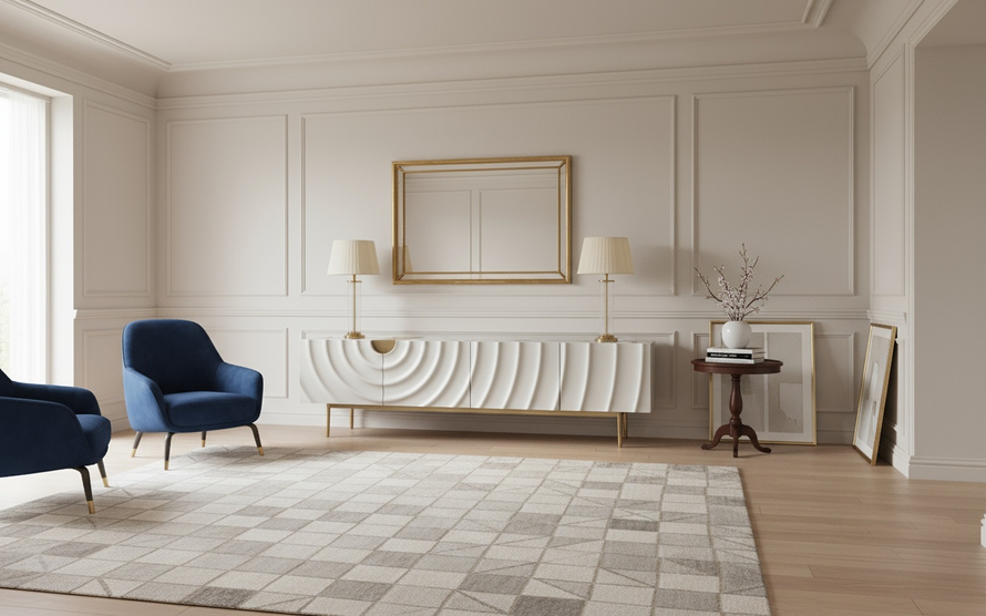 SZAFKA RTV w kolorze ecru ze złotymi detalami i nogami, fronty drzwi z wytłoczonymi kręgami, cztery szuflady, nowoczesny styl, elegancka SZAFKA RTV w kolorze ecru ze złotymi detalami i nogami, fronty drzwi z wytłoczonymi kręgami, cztery szuflady, nowoczesny styl, elegancka