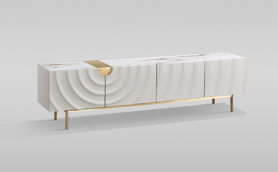 SZAFKA RTV w kolorze ecru ze złotymi detalami i nogami, fronty drzwi z wytłoczonymi kręgami, cztery szuflady, nowoczesny styl, piękna SZAFKA RTV w kolorze ecru ze złotymi detalami i nogami, fronty drzwi z wytłoczonymi kręgami, cztery szuflady, nowoczesny styl, piękna