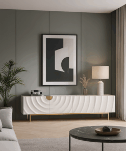 SZAFKA RTV w kolorze ecru ze złotymi detalami i nogami, fronty drzwi z wytłoczonymi kręgami, cztery szuflady, nowoczesny styl, premium