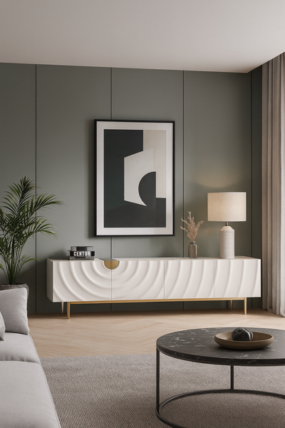 SZAFKA RTV w kolorze ecru ze złotymi detalami i nogami, fronty drzwi z wytłoczonymi kręgami, cztery szuflady, nowoczesny styl, premium SZAFKA RTV w kolorze ecru ze złotymi detalami i nogami, fronty drzwi z wytłoczonymi kręgami, cztery szuflady, nowoczesny styl, premium