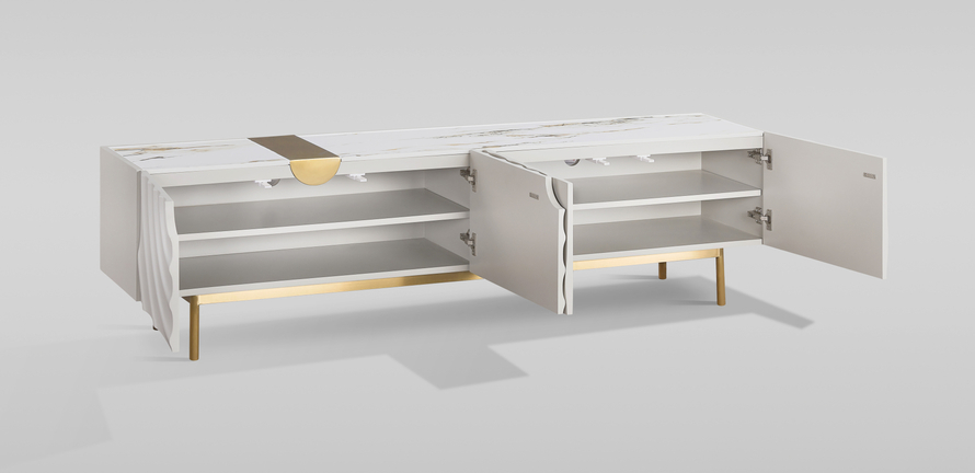 SZAFKA RTV w kolorze ecru ze złotymi detalami i nogami, fronty drzwi z wytłoczonymi kręgami, cztery szuflady, nowoczesny styl, wyjątkowa SZAFKA RTV w kolorze ecru ze złotymi detalami i nogami, fronty drzwi z wytłoczonymi kręgami, cztery szuflady, nowoczesny styl, wyjątkowa
