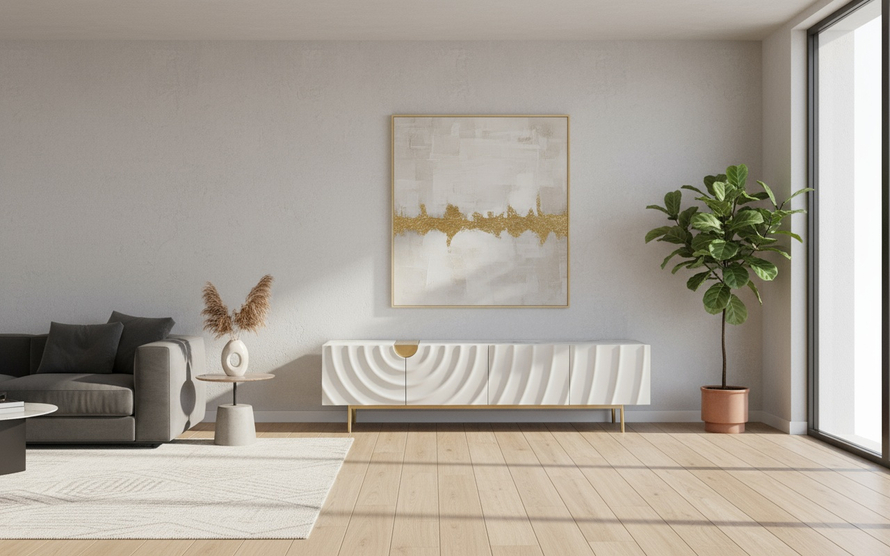 SZAFKA RTV w kolorze ecru ze złotymi detalami i nogami, fronty drzwi z wytłoczonymi kręgami, cztery szuflady, nowoczesny styl, wyrafinowana SZAFKA RTV w kolorze ecru ze złotymi detalami i nogami, fronty drzwi z wytłoczonymi kręgami, cztery szuflady, nowoczesny styl, wyrafinowana