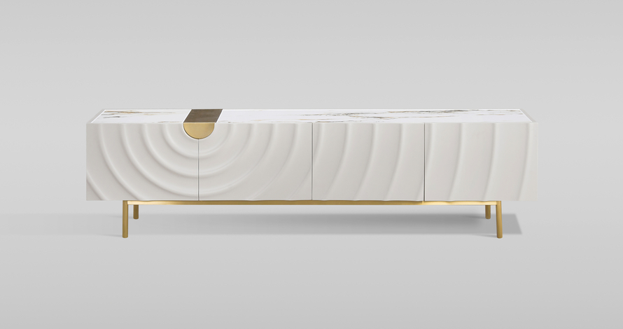 SZAFKA RTV w kolorze ecru ze złotymi detalami i nogami, fronty drzwi z wytłoczonymi kręgami, cztery szuflady, nowoczesny styl SZAFKA RTV w kolorze ecru ze złotymi detalami i nogami, fronty drzwi z wytłoczonymi kręgami, cztery szuflady, nowoczesny styl