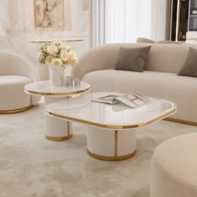 ZESTAW STOLIKÓW KAWOWYCH 2w1 biały, ryflowana podstawa, złote błyszczące detale, blaty z konglomeratu marmurowego