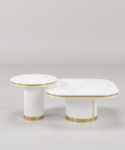 ZESTAW STOLIKÓW KAWOWYCH 2w1 biały, ryflowana podstawa, złote szczotkowane detale, blaty z konglomeratu marmurowego