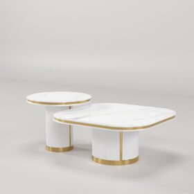 ZESTAW STOLIKÓW KAWOWYCH 2w1 biały, ryflowana podstawa, złote szczotkowane detale, blaty z konglomeratu marmurowego, piękny